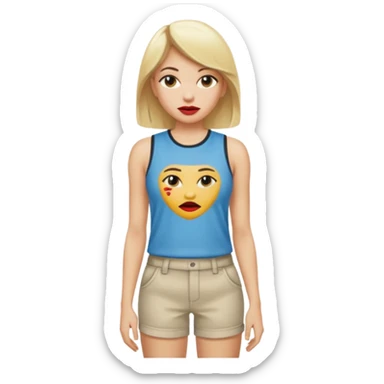 Haz una mujer,rubia,de piel blanca y con short y playera corta sin mangas con cara sexy sticker
