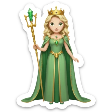 Queen, crown, blonde wavy hair, green eyes, long green narrpw dress, whole Body, sticker