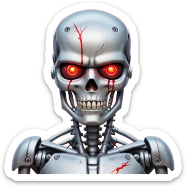 Terminator close-up, realistic, red glowing eye, damaged skin revealing endoskeleton, inspired by the 'I'll be back' scene sticker