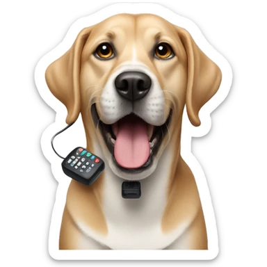 A dog with a black remote control in his teeth  sticker