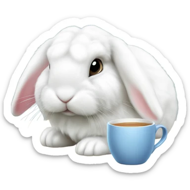White mini lop rabbit drinking tea from a mug sticker