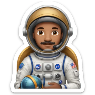 Mustached astronaut  black man holding helmet in his hand, sticker