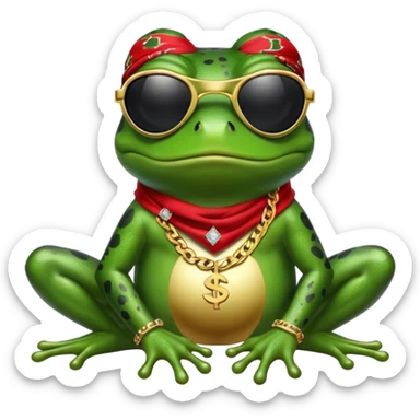 thug life frog wearing black sunglasses, gold chain, bandana, dollar sign bling sticker