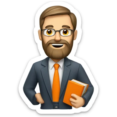 a CAUCASIAN teacher WITH BEARD holding an orange book sticker