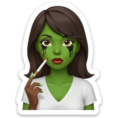 {
  "prompt": "3D cartoon-style green-skinned girl with long brown hair and a side-swept bang. Large brown eyes with black dripping makeup, white V-neck shirt, cigarette in her mouth, dark background. Same proportions and style as the original description.",
  "size": "1024x1024"
} sticker