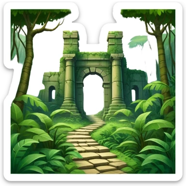 Icon for Adventure Movie: A vintage movie poster-style design with a jungle clearing path, dense foliage surrounding it. In the distance, ancient ruins peek through the trees. The atmosphere is mysterious and adventurous, with soft light cutting through the trees. Transparent background. sticker
