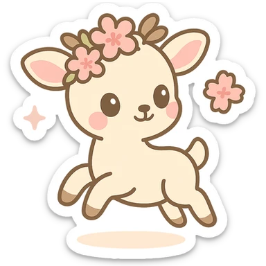 soft, whimsical vanilla cloud doe with rosy cheeks, cherry blossom crown, floating gracefully, social media brand identity sticker