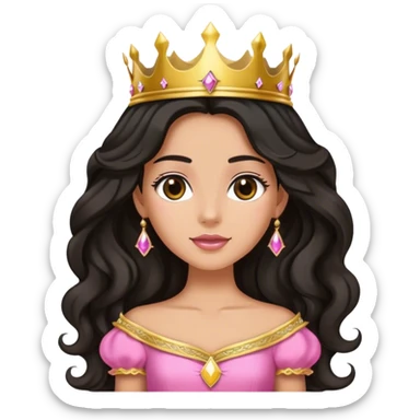 Very very tanned princess, with long black wavy hair and crown and an pink princess outfit sticker