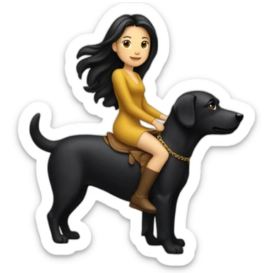 White woman with a black hair ridding a golden dog sticker