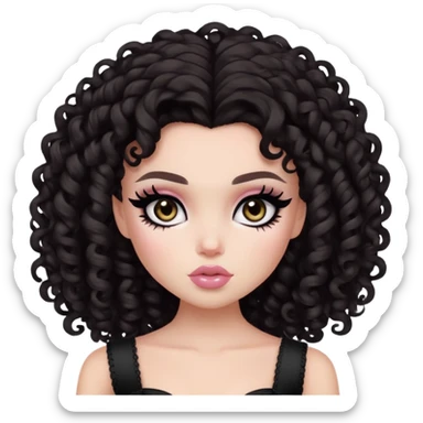 curly dark hair, pale skin, dark black eyes, pretty bratz baddie, black eyeliner, blush sticker