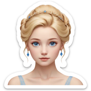 Cinematic Realistic Cinderella Portrait, depicted with lifelike skin texture, subtle rosy undertones, and soft natural lighting that enhances the gentle contours of her face. Her intricately detailed golden blonde hair is elegantly styled in an updo, with delicate wisps framing her face. Her deep, expressive blue eyes radiate warmth and sincerity, reflecting a quiet resilience and grace. She holds a glass slipper gently in one hand, her other hand resting gracefully at her side, emphasizing the timeless beauty of the moment. She is dressed in her iconic ball gown, the fabric shimmering with intricate embroidery and fine translucent layers that catch the light beautifully. The soft sheen of satin gloves adds a magical touch to her graceful pose. The portrait features an enchanting glow with a natural, luminous finish, seamlessly blending realism and fairytale charm to evoke a sense of depth, elegance, and timeless beauty. sticker