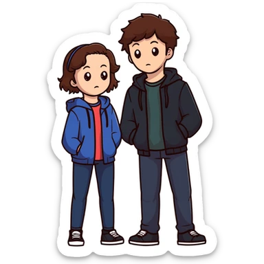 Hannah Baker with brown hair and Clay Jensen standing close together, emotional teenagers from 13 Reasons Why sticker