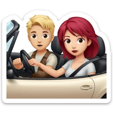 Miata ND with blonde boy driving and a girl with dyed dark red hair in the passenger seat sticker