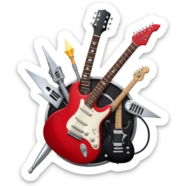 Create a bold and dynamic emoji representing rock vocal performance in a humanless collage. The design should feature a vintage microphone at the center, surrounded by key rock elements like an electric guitar, drumsticks, and a guitar pick. Include symbols of energy, such as lightning bolts or flames, and subtle musical notes or sound waves to evoke the raw power of rock vocals. Use dark, bold colors like black, silver, and red, with hints of chrome or metallic accents to convey the edgy, rebellious spirit of rock music. The background should be transparent. sticker