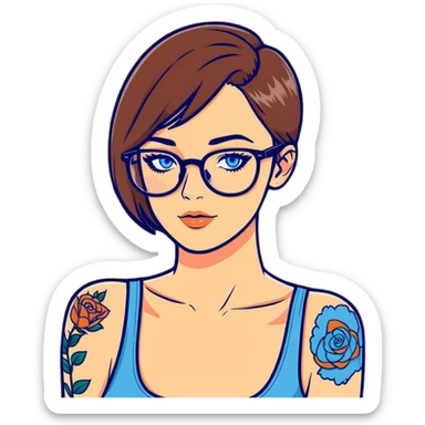 Realistic beautiful woman model, blue eyes and glasses, shoulder tattoo  sticker