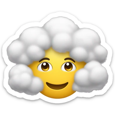 A yellow round emoji with hands on the cheeks, blushing eyes and there is a fluffy white cloud under sticker