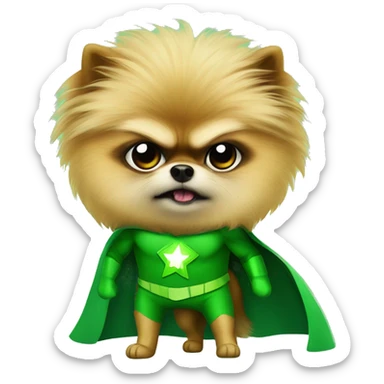angry pomeranian in green superhero suit sticker