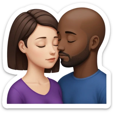 a white woman with short brown hair and a black man with no hair and a beard are facing one each other and their forehead are touching. They close their eyes and their are in love. The space between their nose is a bit larger sticker