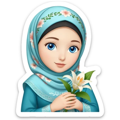 Turkish beautiful finish Konya girl blue eyes with lilies floral hijab islamic dress and had on her hand text Eid Mubarak  sticker