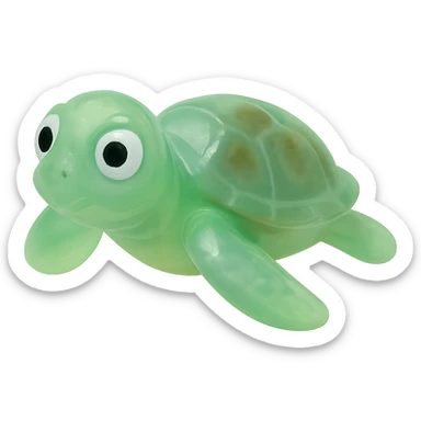Make the sea turtle even more transparent and slightly see-through, keeping the natural green and brown shell colors, in a retro 90's toy style with derpy eyes, soft plastic texture, soft reflections, soft and squishy appearance, some cloudiness, not shiny, highly detailed and appealing. Remove any tags and background. sticker