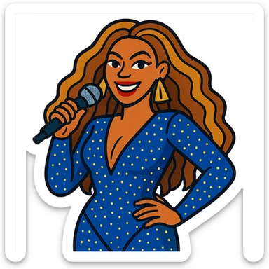 Beyoncé in a cartoon style, wearing a sparkling outfit and holding a microphone sticker