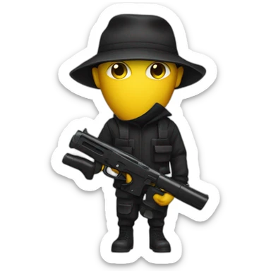 person that looks like a robber with a black watergun with yellow skin sticker