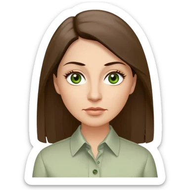 43 year old Adult woman avatar, light skin tone, long, oval face, long straight ashy brown hair, green almond-shaped eyes with dramatic eyelashes and minimal eyeliner, neutral mouth, medium straight eyebrows, average nose, smooth skin,  seersucker collared button down shirt sticker