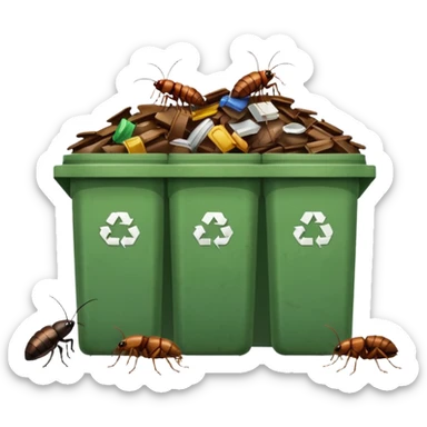emoji-style icon of a small diner or café with overflowing garbage bins and cockroaches outside, dirty and gross, clear at small size, no text sticker