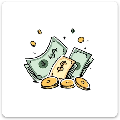 Money, cash, bills and coins in pastel colors (dd9fb0, ffc6d3, a3bfc9, c4bee2, f1b091), hand-drawn doodle style sticker