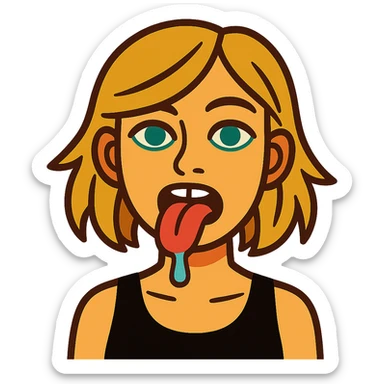 dirty blonde girl with blueish green eyes, black tank top, sticking tongue out and drooling sticker