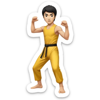 Bruce Lee in yellow jumpsuit, martial arts fighting stance, intense expression sticker