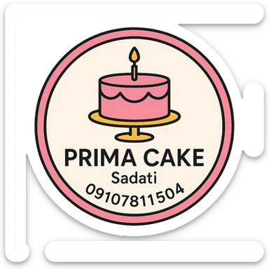 A circular logo for Prima Cake bakery with a pink cake at the center, featuring the text Prima Cake in English and the contact info Sadati 09107811504 below it. The logo should have a pink circular border and a white background, designed to be printable for cake decoration. The style should be elegant and suitable for a bakery sticker