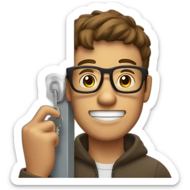 brown-short-haired man wearing glasses, struggling to fit a key into a door-lock sticker