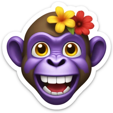 A monkey who grins and gets angry at a bouquet of flowers sticker