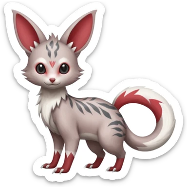 Minccino-Lykoi-Emolga-Pachirisu-Zangoose-fusion-hybrid-animal-Fakémon-creature, full body, thin long sleek scaly tail, intricate markings sticker