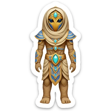 A guardian made of interlocking dunes that forms temporary bodies from compressed sand, adorned with gemstone eyes that change color to warn of approaching sandstorms or oasis locations. full body sticker