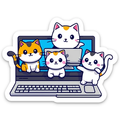 three cats at a computer, playful sticker style sticker