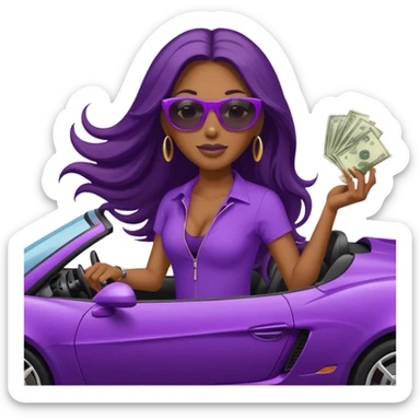 Black woman with long hair riding in a purple sports car with money falling sticker