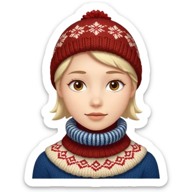 Fantasy human emoji portrait, knitted winter collar with simple pattern, festive but subtle look, warm colors, minimal fantasy style, clean emoji design, male/female variant
 sticker