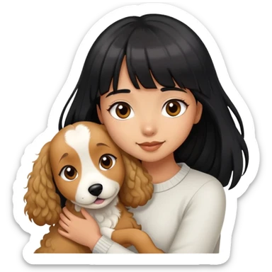 A beautiful girl with long straight black hair and bangs hugs a light-colored curly dog sticker