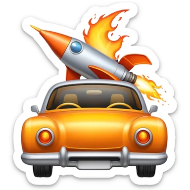 car with a rocket engine on the trunk with fire coming out of it sticker