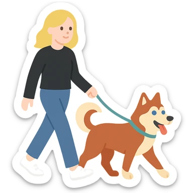Cute Blonde woman wearing a black sweater and jeans and white sneakers walking a happy red-brown blue-eyed Siberian husky in New York City on an upper east side city sidewalk  sticker