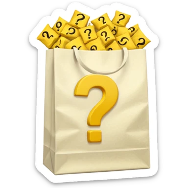 crumbled white goodie bag with yellow questions mark boxes stuffed in it sticker