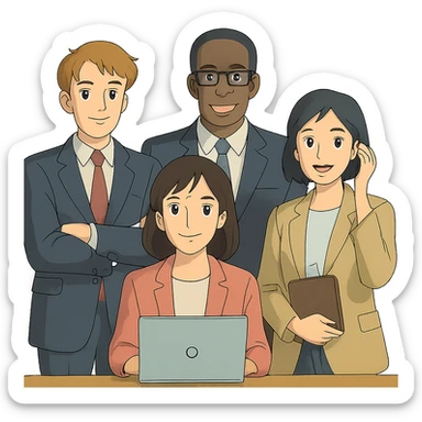 agency team, professional group, modern office, diverse people, clean background, ghibli style sticker