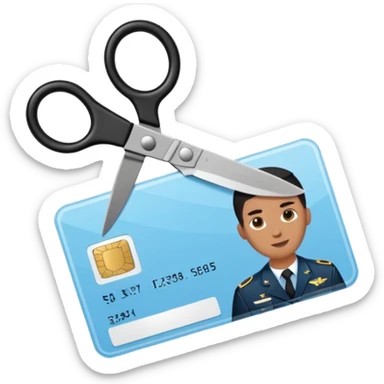 Floating black Scissors cutting a light blue military ID card in 2 parts .hyper realistic sticker