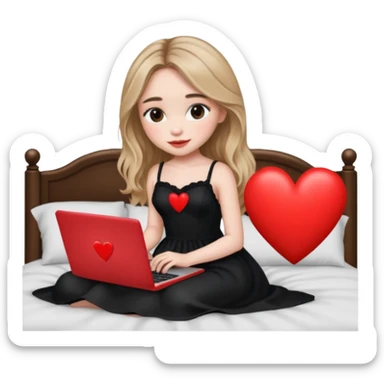 Sabrina carpenter in a black nightdress sitting on a bed with her laptop open and there is a heart on her laptop  sticker