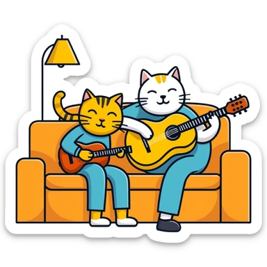  older blind man playing guitar  on the couch with his golden cat  sticker
