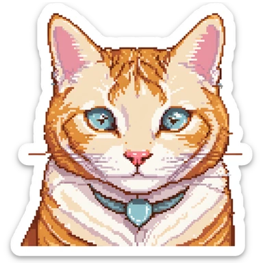 pixel art of a smiling orange tabby cat face, cream accents, big round eyes, pink nose, retro 8-bit style, front view sticker