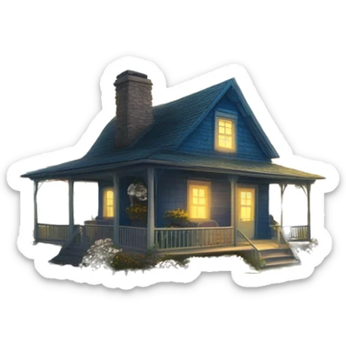 very very big Cabin near a big tree.  Thick moss growing on the roofs. grass fields. porch lights turned off. bright white interior lights turned on. guests sitting in chairs on the porch, flowers and bushes are yellow and blue. sticker