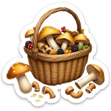 Icon for Mushroom and Berry Tourism: a basket filled with mushrooms chanterelles, boletus and aspen and berries, surrounded by forest elements like trees, leaves and a hiking boots. The icon should capture the joy of foraging in nature. Transparent background. sticker